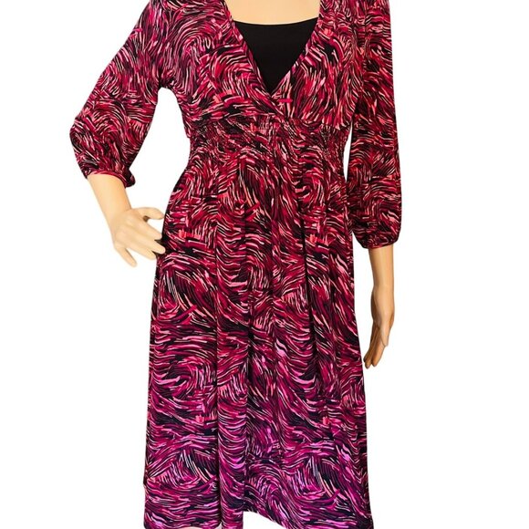 Style and Co V Neck Dress Womens S Pink Black Abstract Print 3/4 Sleeve Elastic - Picture 1 of 12